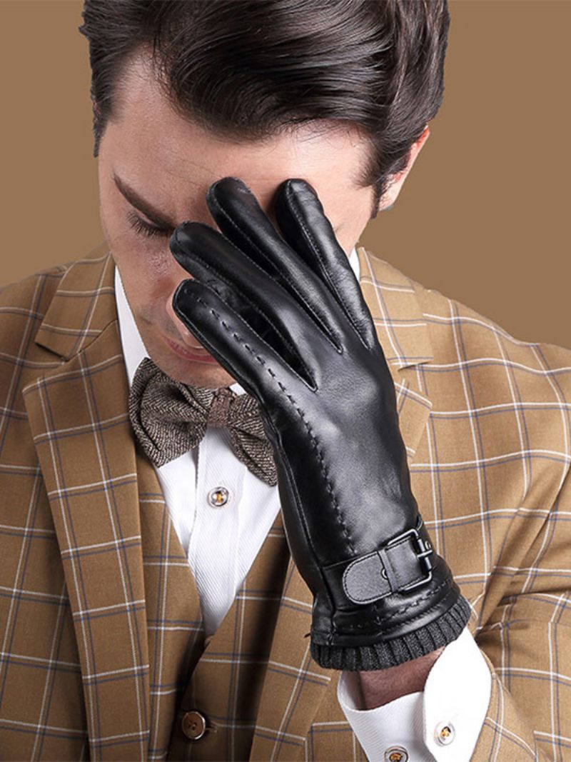 Gants Courts Imperméables Cuir D'hiver Chauffants Et Chauds Pour Hommes - Noir