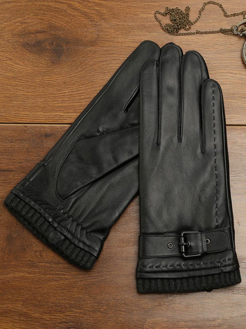 Gants Courts Imperméables Cuir D'hiver Chauffants Et Chauds Pour Hommes - Noir