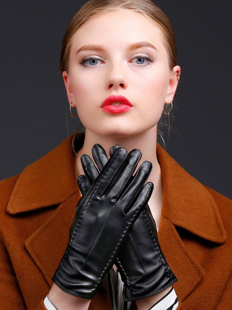 Gants Courts Imperméables Cuir D'hiver Chauffés Et Chauds Pour Femmes - Noir