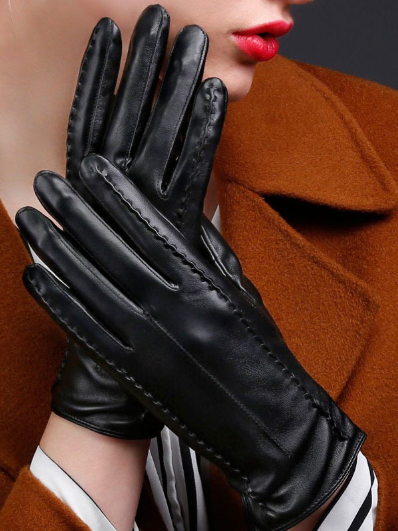 Gants Courts Imperméables Cuir D'hiver Chauffés Et Chauds Pour Femmes - Noir