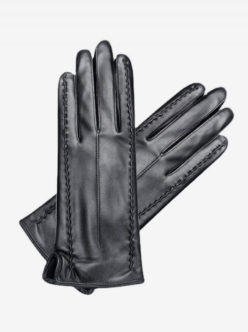 Gants Courts Imperméables Cuir D'hiver Chauffés Et Chauds Pour Femmes - Noir