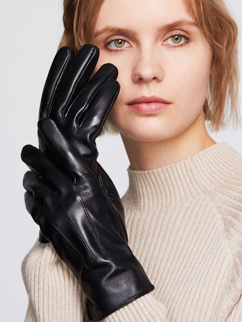 Gants Courts Imperméables Cuir D'hiver Chauffés Et Chauds Pour Femmes - Noir