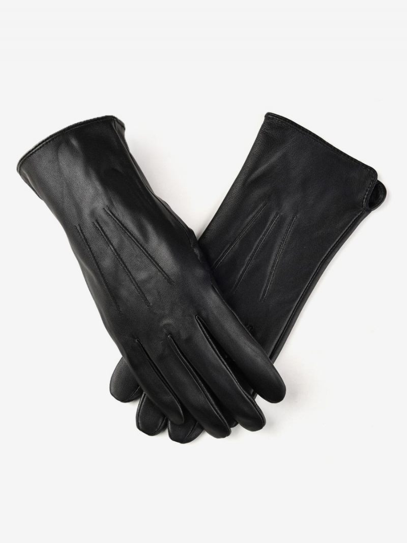 Gants Courts Imperméables Cuir D'hiver Chauffés Et Chauds Pour Femmes - Noir