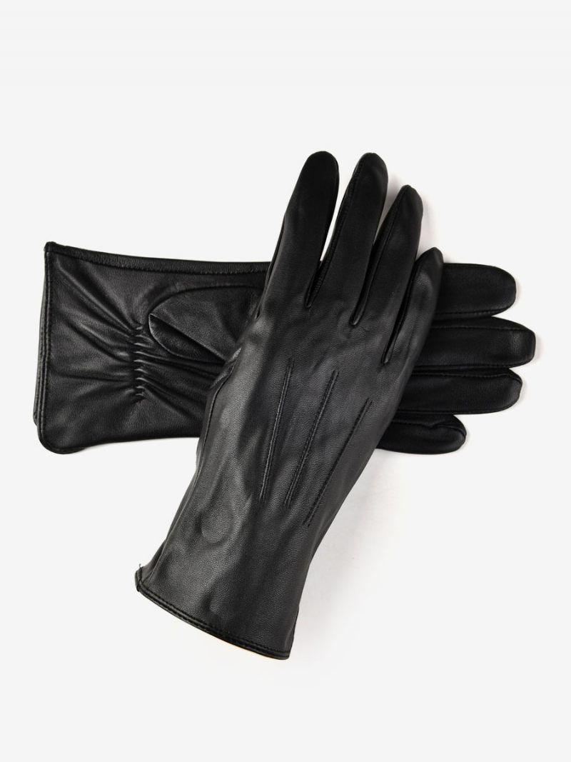 Gants Courts Imperméables Cuir D'hiver Chauffés Et Chauds Pour Femmes - Noir