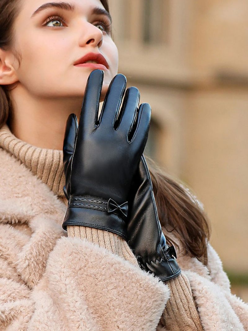 Gants Courts Imperméables Cuir D'hiver Chauffés Et Chauds Pour Femmes Nœuds