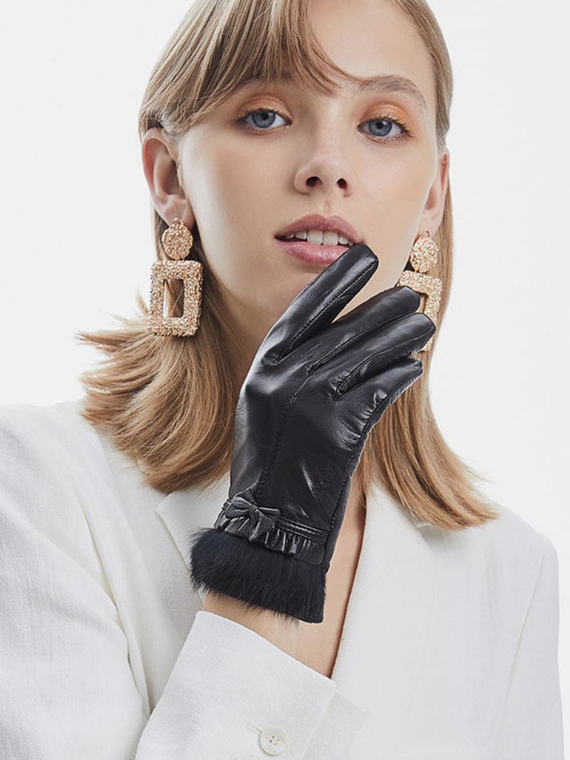 Gants Courts Imperméables Cuir D'hiver Chauffés Et Chauds Pour Femmes Nœuds