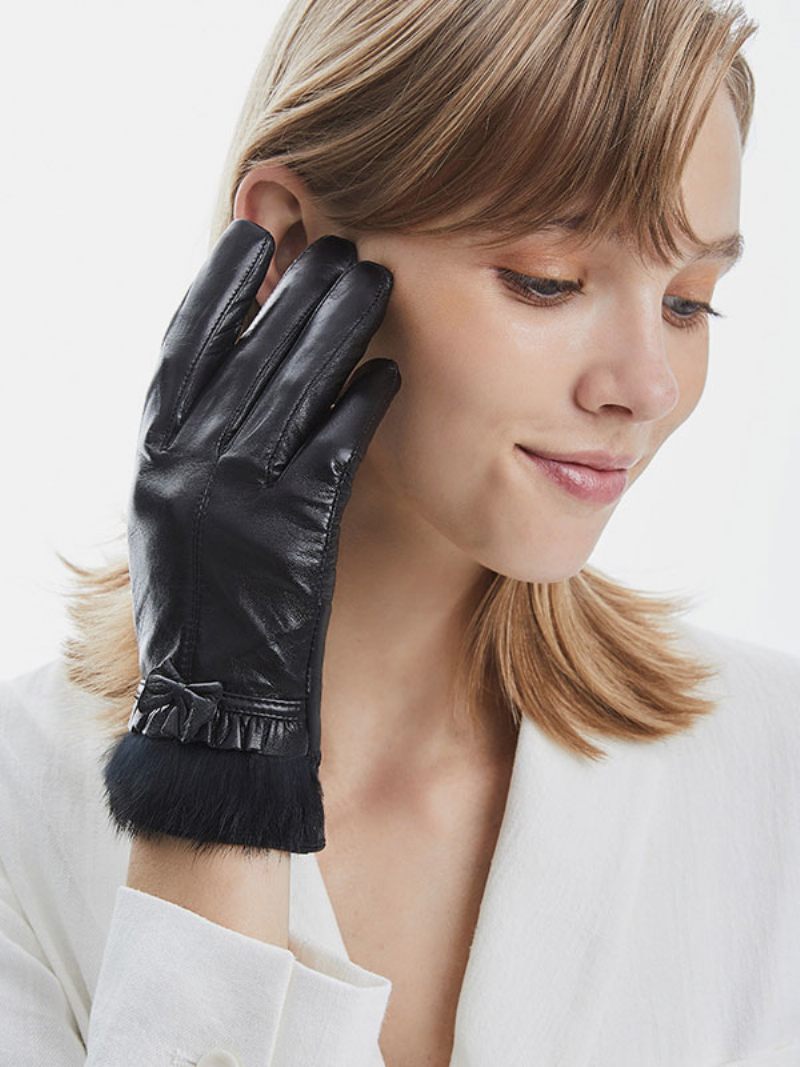 Gants Courts Imperméables Cuir D'hiver Chauffés Et Chauds Pour Femmes Nœuds - Noir