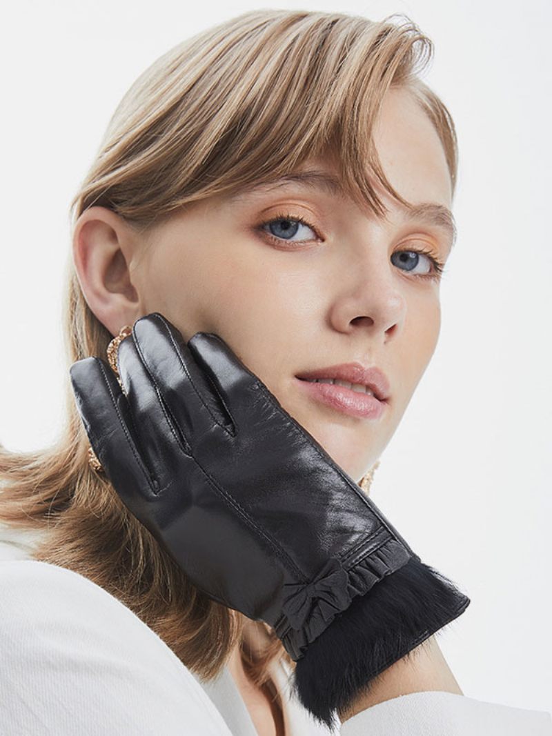 Gants Courts Imperméables Cuir D'hiver Chauffés Et Chauds Pour Femmes Nœuds - Noir