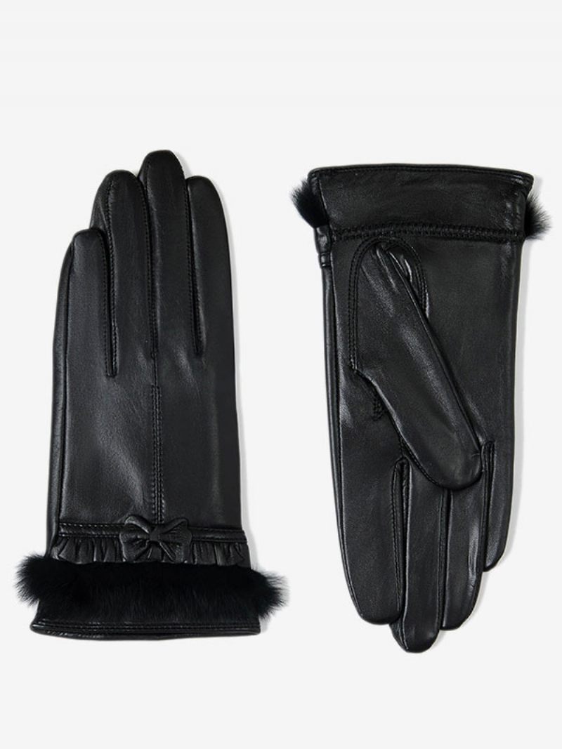 Gants Courts Imperméables Cuir D'hiver Chauffés Et Chauds Pour Femmes Nœuds - Noir