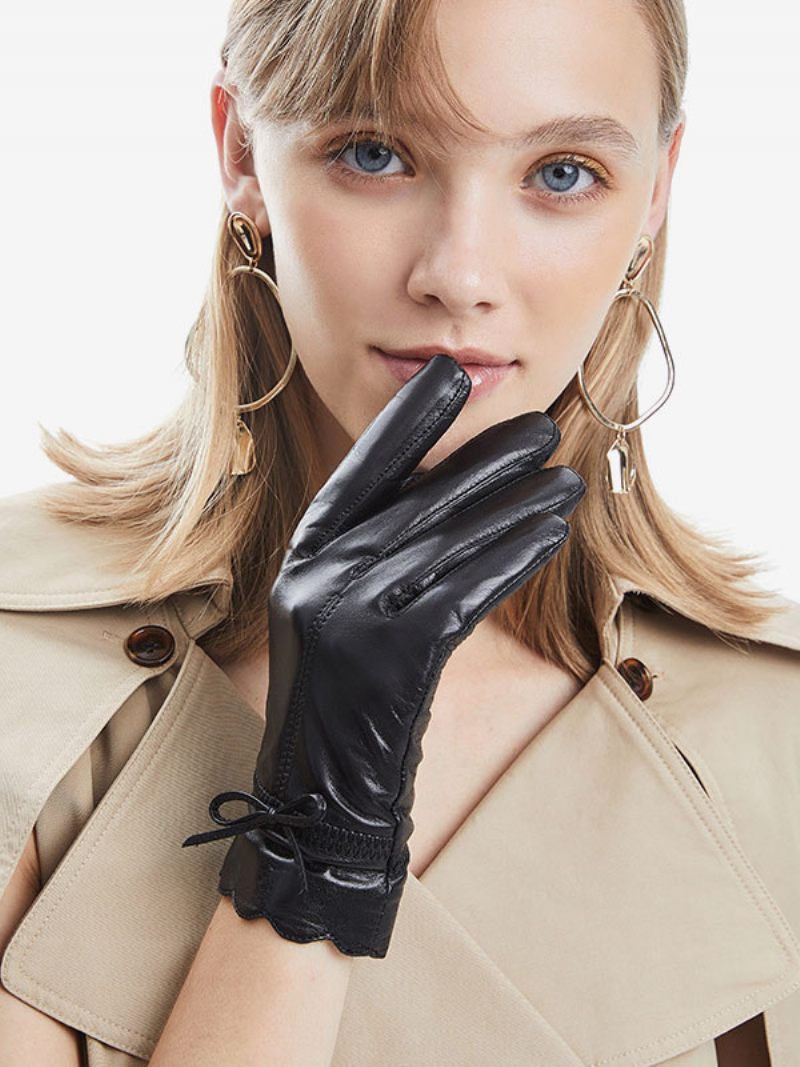 Gants Courts Imperméables Cuir D'hiver Chauffés Et Chauds Pour Femmes Nœuds - Noir