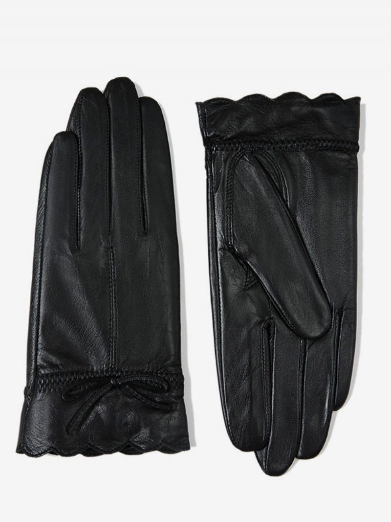 Gants Courts Imperméables Cuir D'hiver Chauffés Et Chauds Pour Femmes Nœuds - Noir