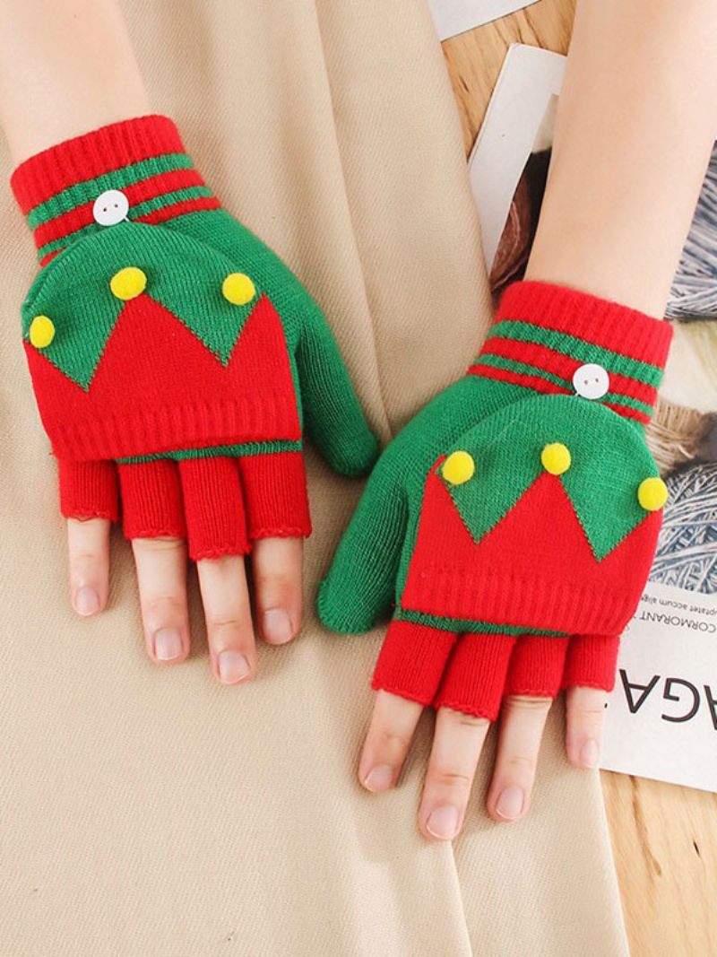 Gants Courts Sans Doigts Pour Femmes Imprimés Décoration Noël Chauds Et Chauffés L'hiver - Vert