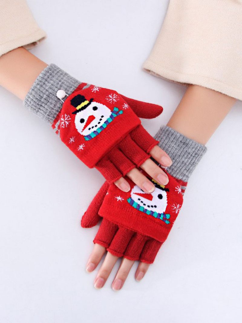 Gants Courts Sans Doigts Pour Femmes Imprimés Décoration Noël Chauds Et Chauffés L'hiver - Rouge