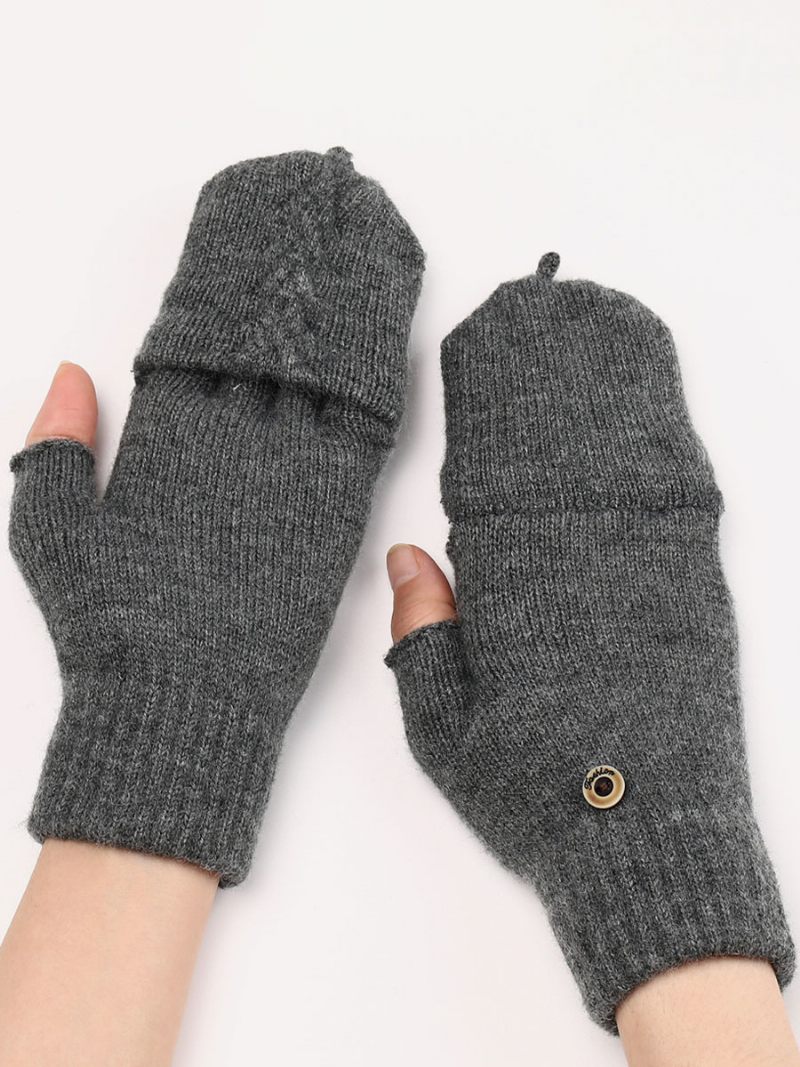 Gants Pour Femmes Boutons Sans Doigts Chauds Tricotés D'hiver - Gris Foncé