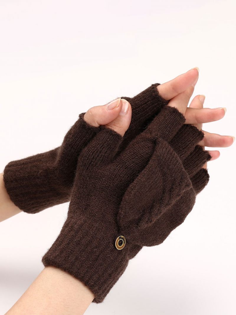 Gants Pour Femmes Boutons Sans Doigts Chauds Tricotés D'hiver - Marron Café