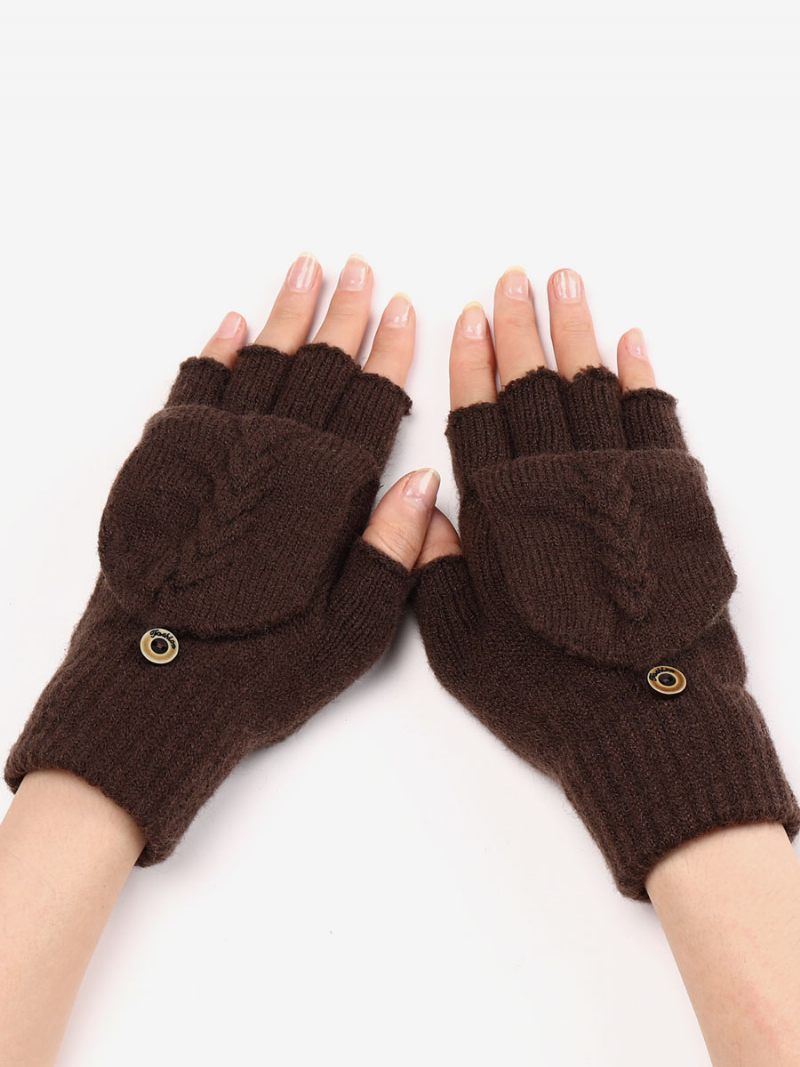 Gants Pour Femmes Boutons Sans Doigts Chauds Tricotés D'hiver - Marron Café