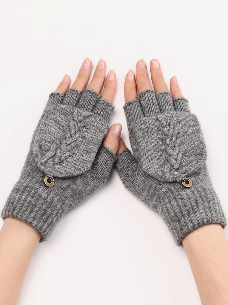 Gants Pour Femmes Boutons Sans Doigts Chauds Tricotés D'hiver - Gris Clair