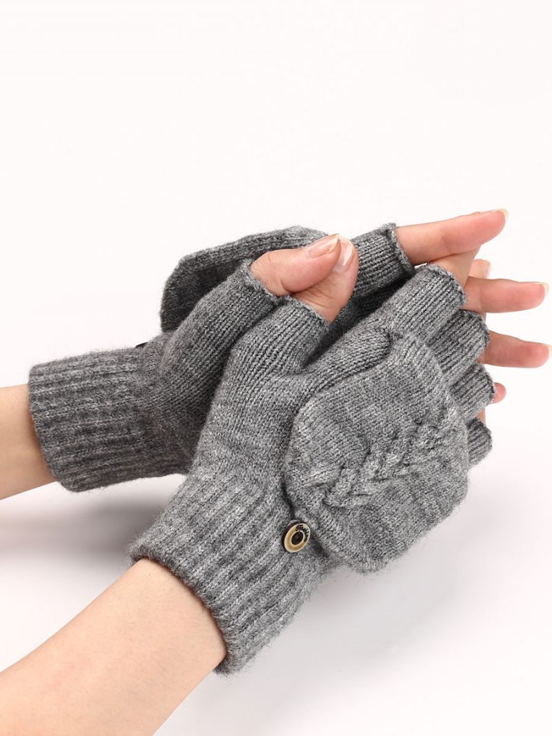 Gants Pour Femmes Boutons Sans Doigts Chauds Tricotés D'hiver - Gris Clair