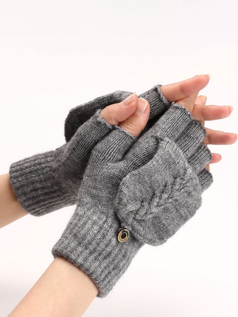 Gants Pour Femmes Boutons Sans Doigts Chauds Tricotés D'hiver - Gris Clair