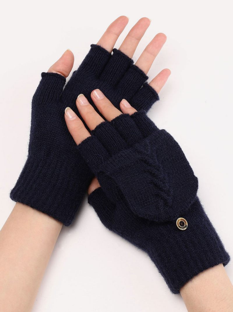 Gants Pour Femmes Boutons Sans Doigts Chauds Tricotés D'hiver - Bleu Profond