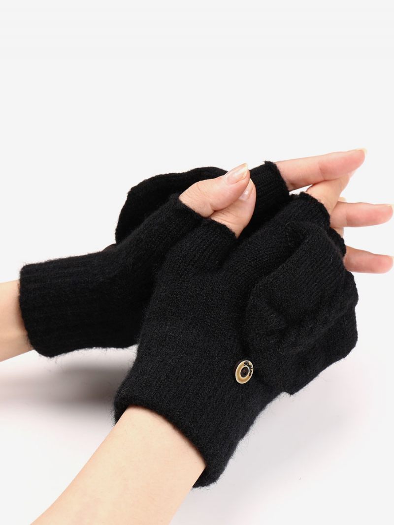 Gants Pour Femmes Boutons Sans Doigts Chauds Tricotés D'hiver - Noir