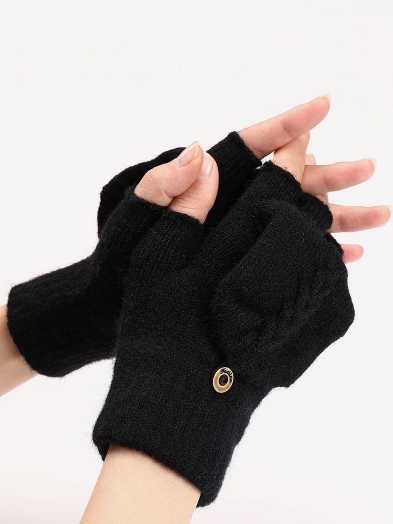 Gants Pour Femmes Boutons Sans Doigts Chauds Tricotés D'hiver - Noir