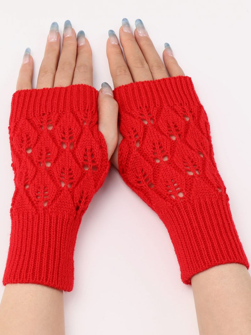 Gants Pour Femmes Découpés Sans Doigts Tricotés Chauds D'hiver - Rouge