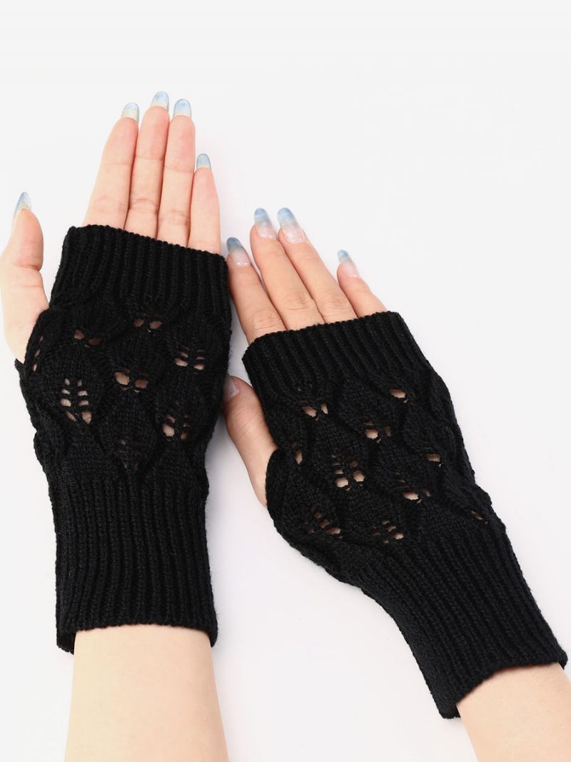 Gants Pour Femmes Découpés Sans Doigts Tricotés Chauds D'hiver - Noir