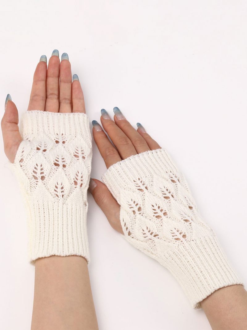 Gants Pour Femmes Découpés Sans Doigts Tricotés Chauds D'hiver - Blanc