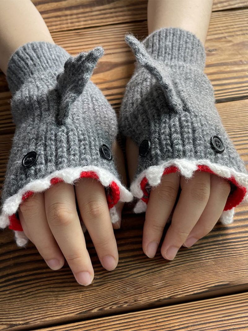 Gants Pour Femmes Imprimé Animal Crochet Forme Requin Sans Doigts Vêtements Maison Hiver Chaud Mignon Acc - Gris