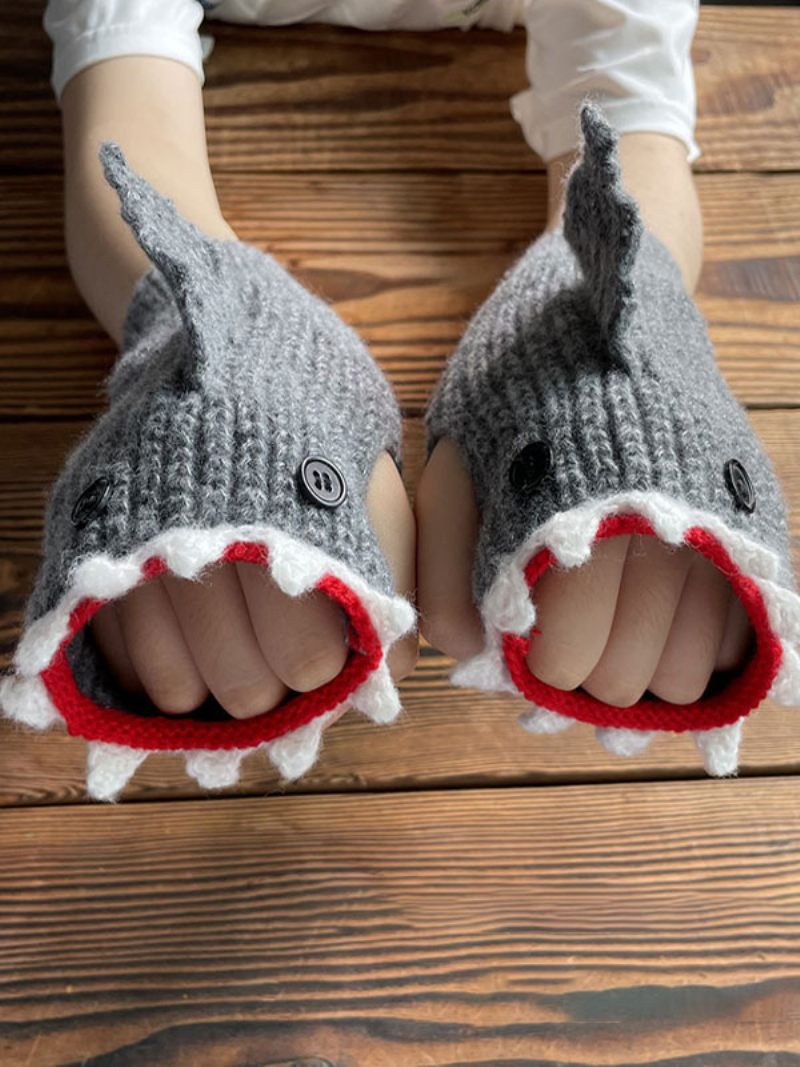 Gants Pour Femmes Imprimé Animal Crochet Forme Requin Sans Doigts Vêtements Maison Hiver Chaud Mignon Acc - Gris