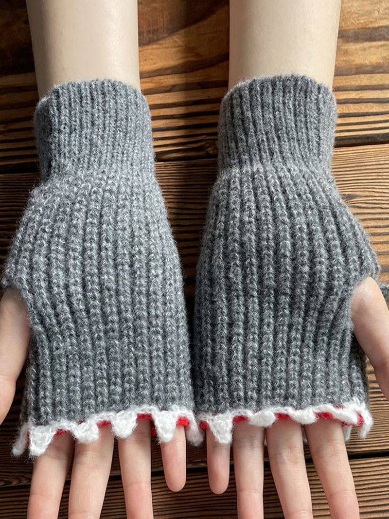 Gants Pour Femmes Imprimé Animal Crochet Forme Requin Sans Doigts Vêtements Maison Hiver Chaud Mignon Acc - Gris