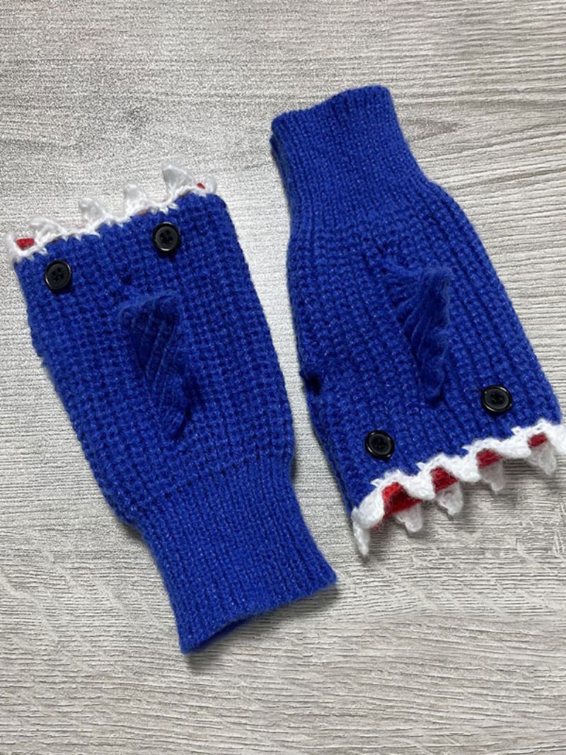 Gants Pour Femmes Imprimé Animal Crochet Forme Requin Sans Doigts Vêtements Maison Hiver Chaud Mignon Acc - Bleu