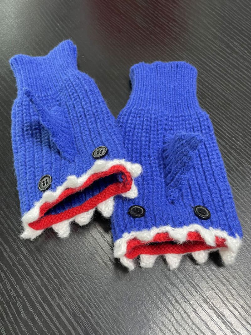 Gants Pour Femmes Imprimé Animal Crochet Forme Requin Sans Doigts Vêtements Maison Hiver Chaud Mignon Acc - Bleu