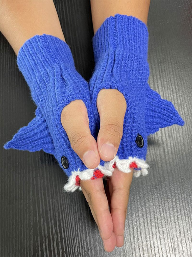 Gants Pour Femmes Imprimé Animal Crochet Forme Requin Sans Doigts Vêtements Maison Hiver Chaud Mignon Acc - Bleu