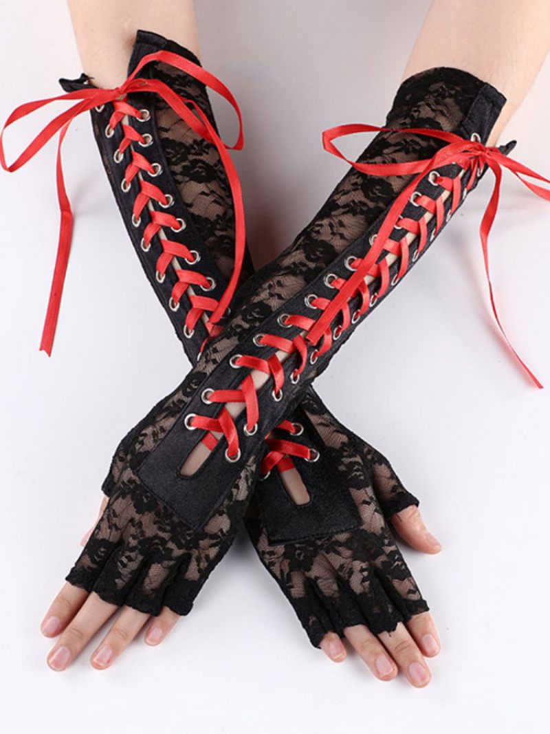 Gants Pour Femmes À Lacets Longs Noirs Dentelle - Rouge