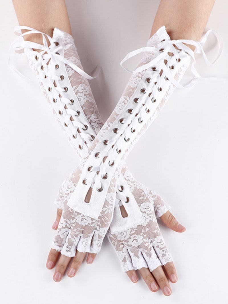 Gants Pour Femmes À Lacets Longs Noirs Dentelle - Blanc