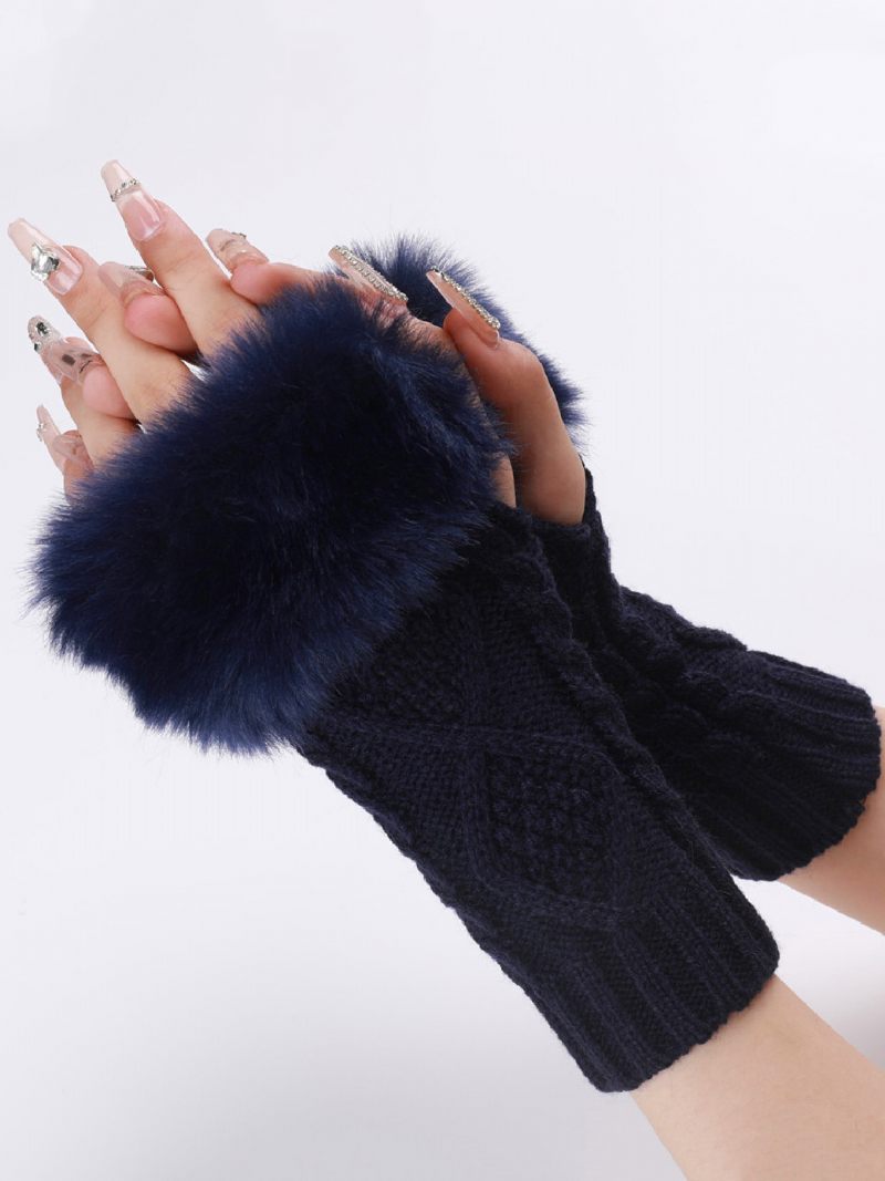 Gants Pour Femmes Pom Poms Mitaines Tricotés Chauds D’hiver - Marine Foncé