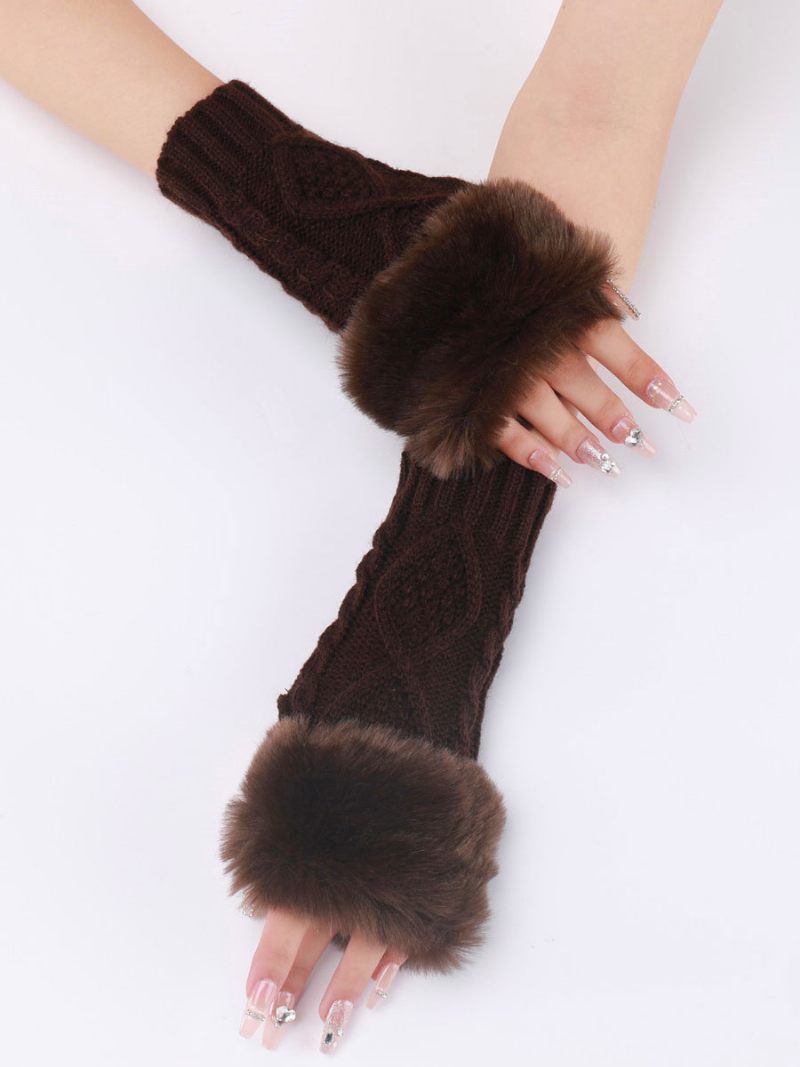 Gants Pour Femmes Pom Poms Mitaines Tricotés Chauds D’hiver - Marron Café