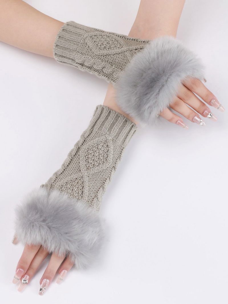 Gants Pour Femmes Pom Poms Mitaines Tricotés Chauds D’hiver - Gris Clair