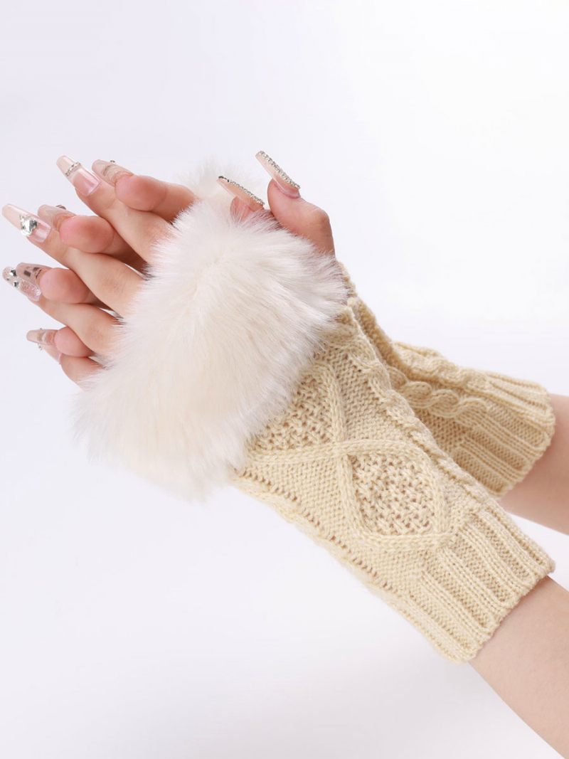 Gants Pour Femmes Pom Poms Mitaines Tricotés Chauds D’hiver - Beige