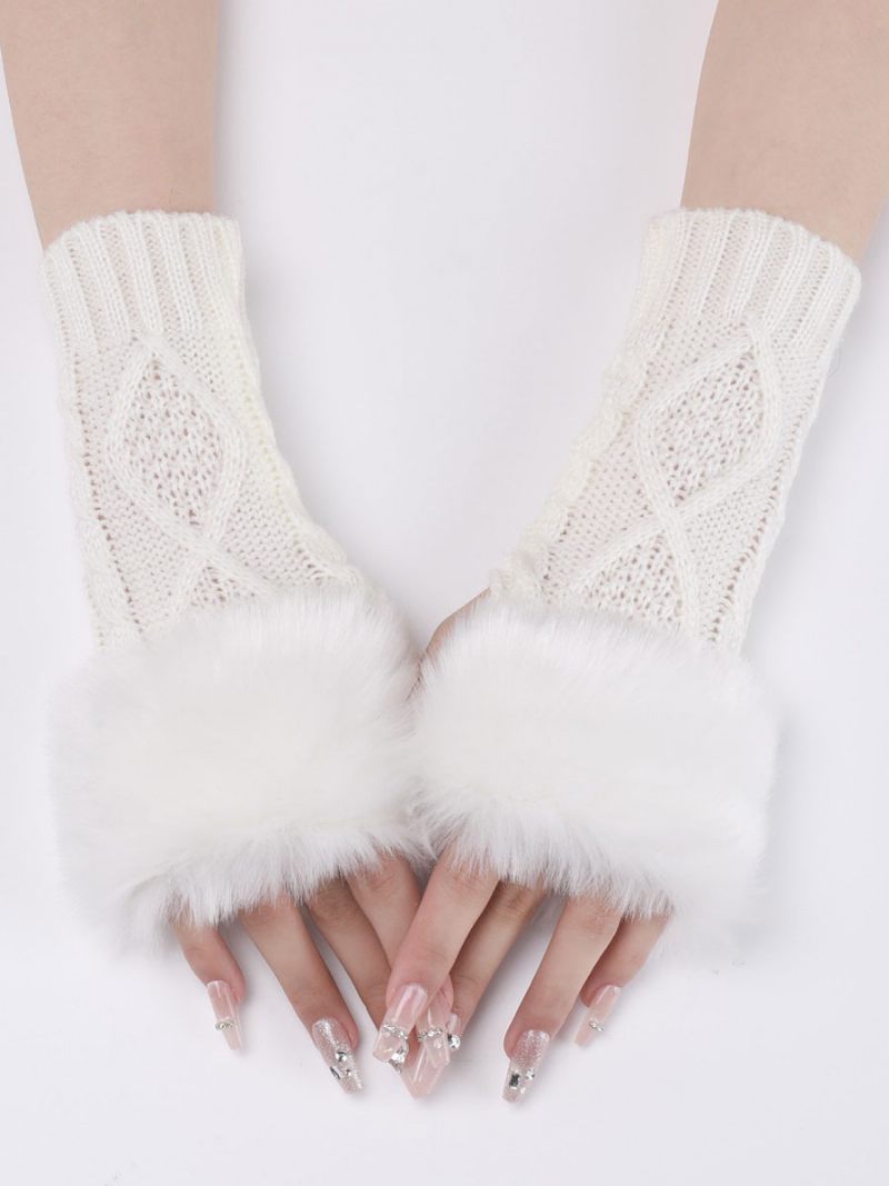 Gants Pour Femmes Pom Poms Mitaines Tricotés Chauds D’hiver - Blanc