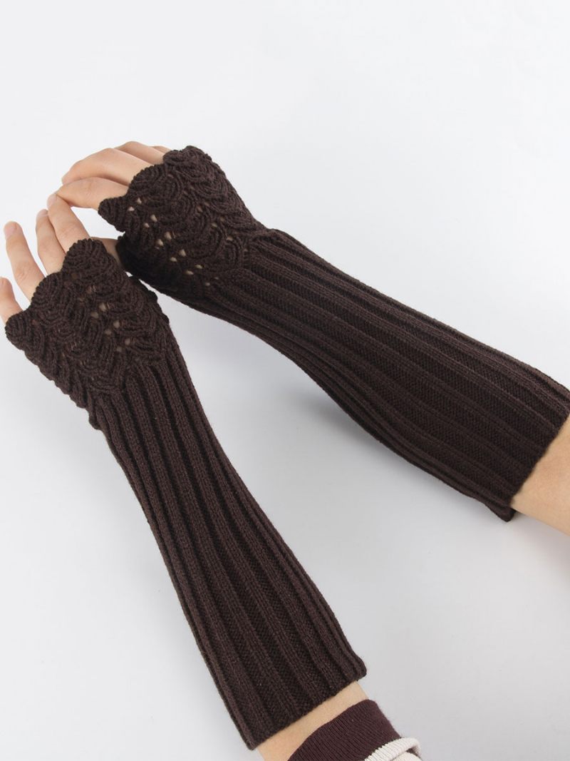 Gants Pour Femmes Sans Doigts Acrylique Blanc - Marron Café