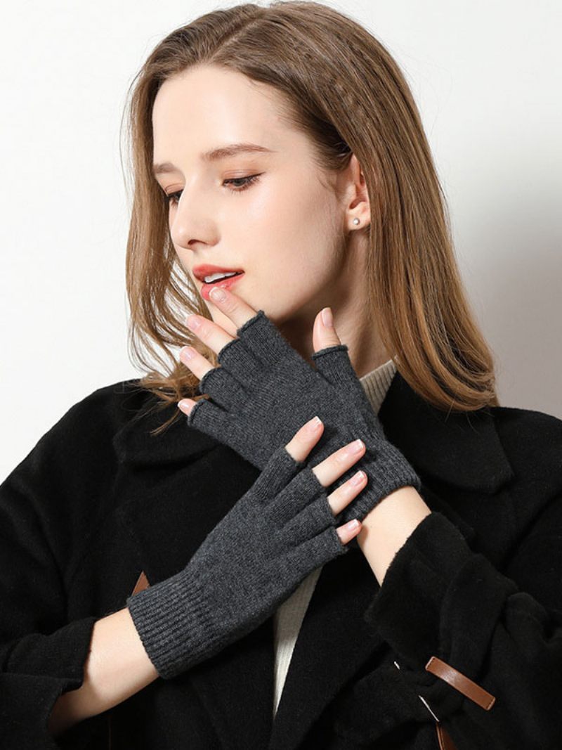 Gants Pour Femmes Sans Doigts Tricotés Chauds D'hiver - Gris Foncé