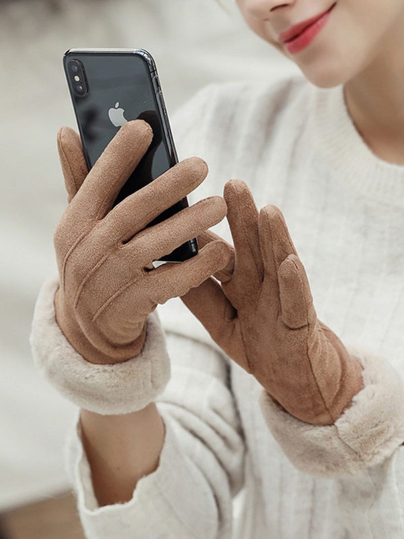 Gants D'hiver Chauds Et Chauffés Fausse Fourrure Pour Femmes - Kaki