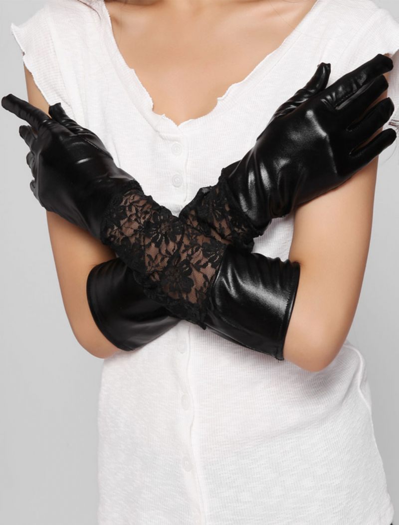 Gants Longs Cuir Pu Noir Pour Femmes Bout Des Doigts L'automne Et L'hiver - Noir