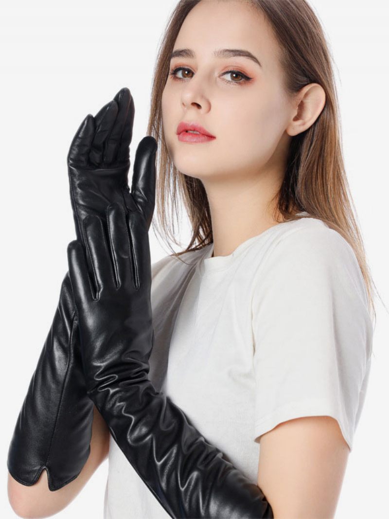 Gants Longs Imperméables Cuir D'hiver Chauffés Et Chauds Pour Femmes - Noir