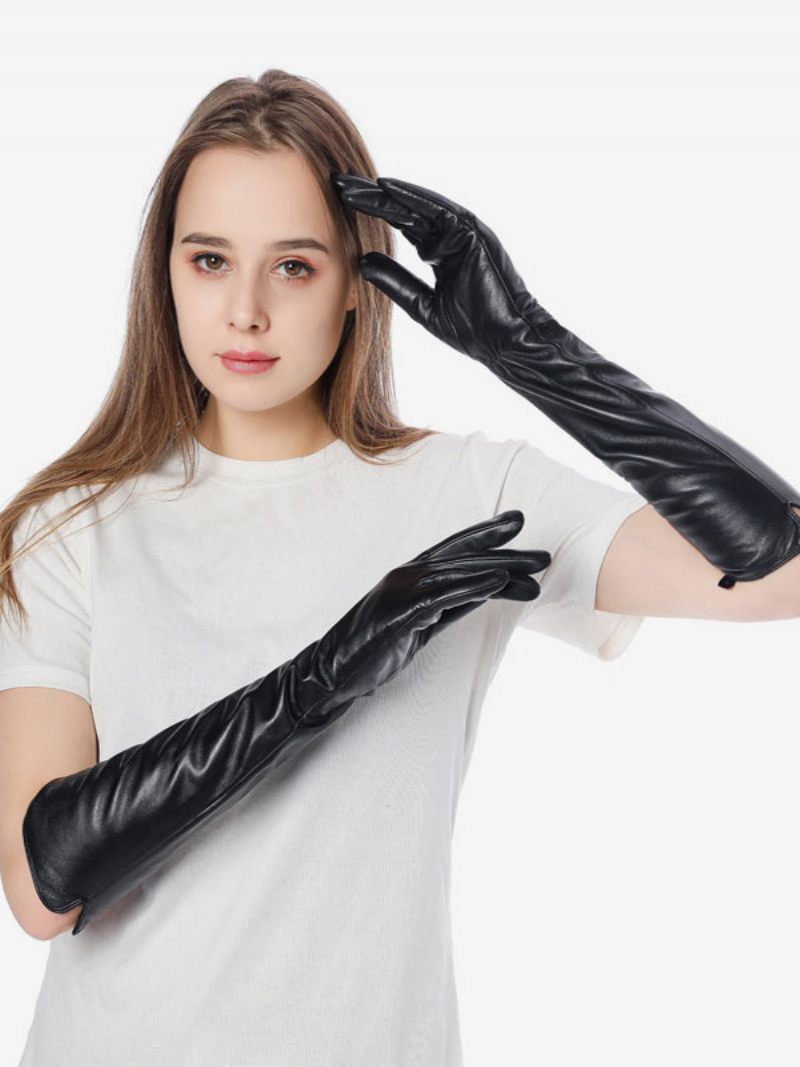 Gants Longs Imperméables Cuir D'hiver Chauffés Et Chauds Pour Femmes - Noir