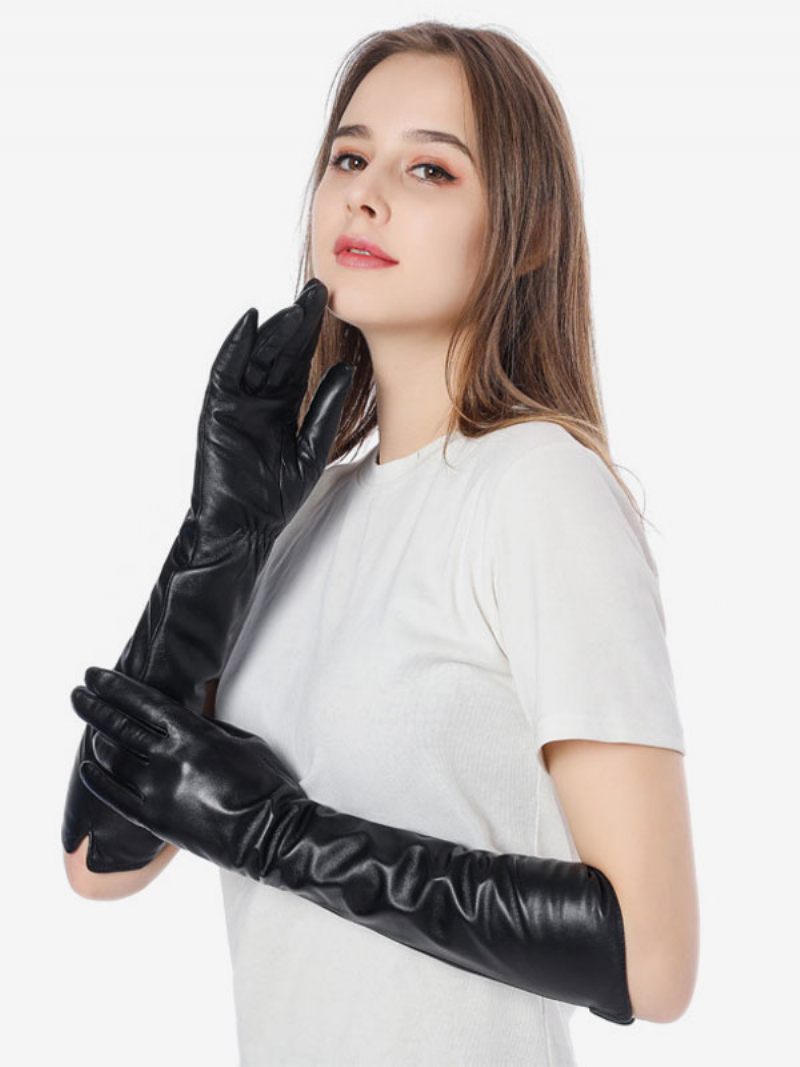 Gants Longs Imperméables Cuir D'hiver Chauffés Et Chauds Pour Femmes - Noir