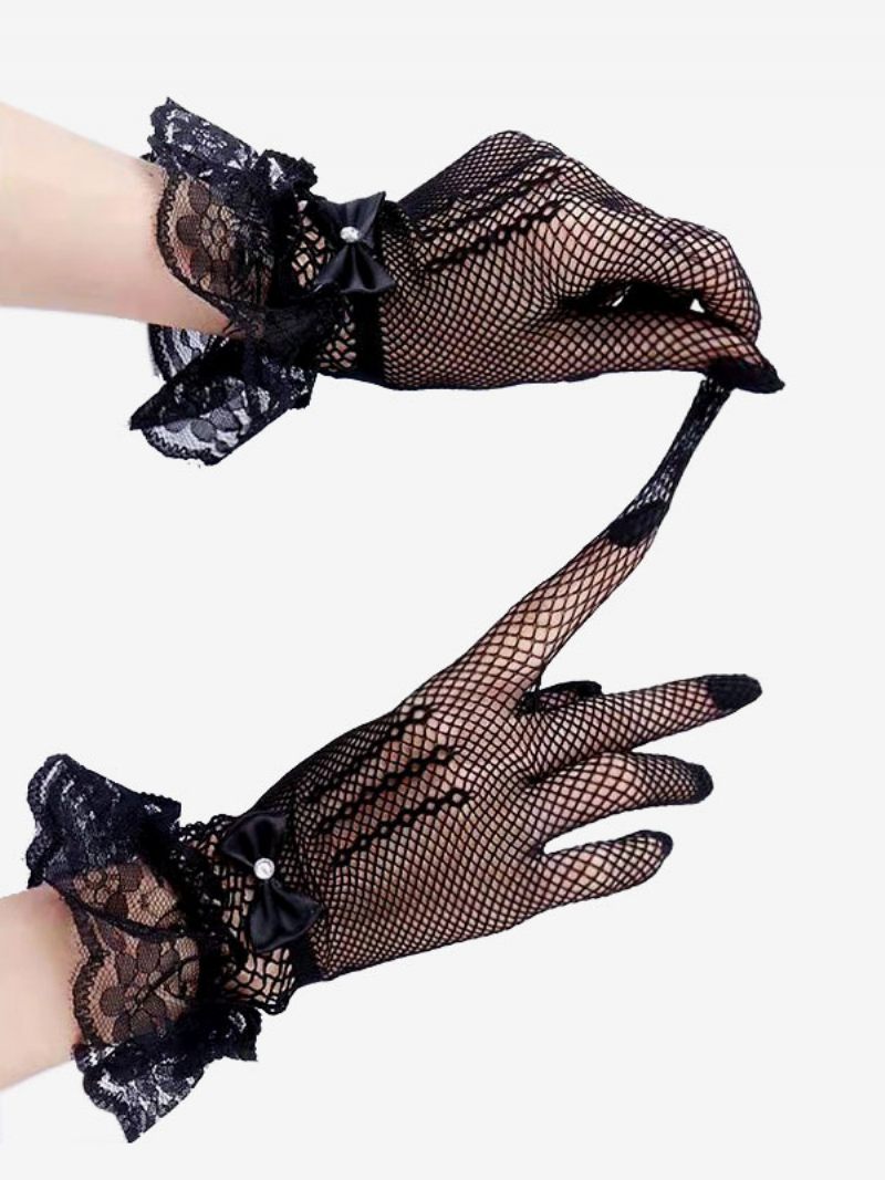 Gants Noirs Pour Femmes Dentelle Avec Strass - Noir